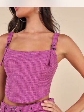 Lulus Bold Cutie Purple Tweed Buckle Strap Crop
Tank Top (Large) and Shorts (Med